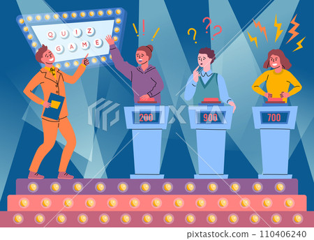 Cartoon Color Characters People and Tv Quiz Game Concept Flat Design Style. Vector illustration of Intellectual Show Cartoon Color Characters People and Tv Quiz Game Concept Flat Design Style. Vector illustration of Intellectual Show 110406240