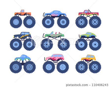 Cartoon Color Different Monster Truck Icon Set Concept Flat Design Style. Vector illustration of Heavy Cars with Large Tires Cartoon Color Different Monster Truck Icon Set Concept Flat Design Style. Vector illustration of Heavy Cars with Large Tires 110406243