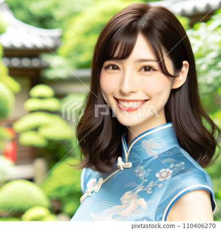 [AI beauty] A beautiful woman in a Chinese dress smiles during a temple date 110406270