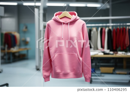 A pink bike with a hood and a pocket hangs on a hanger in the children's bedroom 110406295