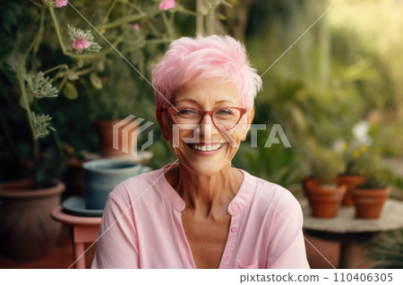 Portrait of a happy old woman with short gray hair in a garden with flowers 110406305