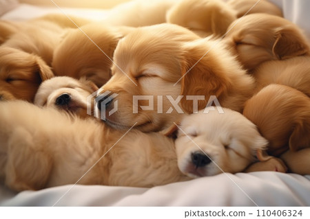 Golden Retriever puppies are sleeping 110406324