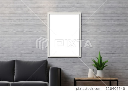 A mock-up of a white painting on a gray brick wall in a room near the sofa A mock-up of a white painting on a gray brick wall in a room near the sofa 110406340