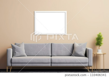 A mock-up of a white painting on a beige wall near the sofa A mock-up of a white painting on a beige wall near the sofa 110406341