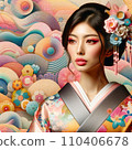AI image of a beautiful woman wearing a kimono with gorgeous makeup. This is an image that can be used for cosmetics manufacturers and kimono events. 110406678