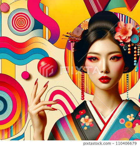 AI圖像，美麗的日本女人穿著和服和華麗的妝容。也用作化妝品和和服銷售的海報。 110406679