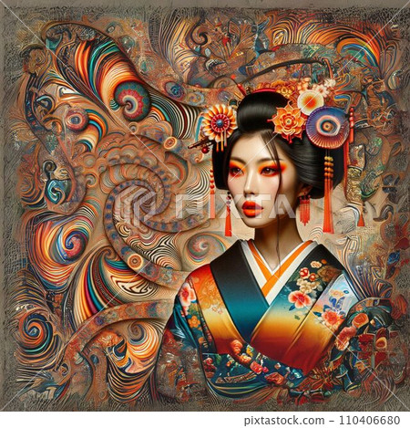 A young Japanese woman in a kimono created using AI images. It has an artistic feel and can also be used as an advertising poster. 110406680