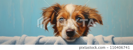Cute dog covered with a towel Cute dog covered with a towel 110406741