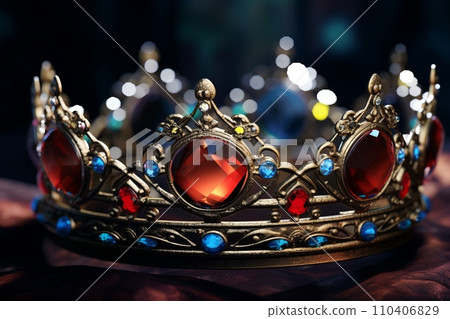 Golden crown with multi-colored gemstones Golden crown with multi-colored gemstones 110406829