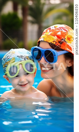 Mom with children in the pool 110406850