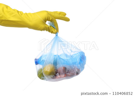 PNG, Blue bag with rubbish in gloved hand, isolated on white background PNG, Blue bag with rubbish in gloved hand, isolated on white background 110406852