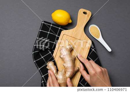 Seasoning and spices concept - ginger, homemade seasoning 110406971