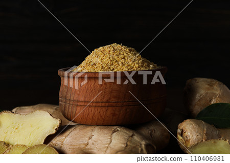 Seasoning and spices concept - ginger, homemade seasoning Seasoning and spices concept - ginger, homemade seasoning 110406981