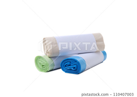 PNG, Three rolls of garbage bags of different colors, isolated on white background 110407003