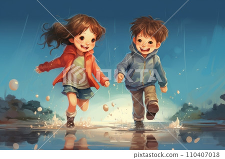 Happy joyful children running through puddles Happy joyful children running through puddles 110407018