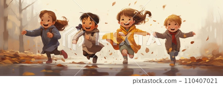 Happy joyful children running through puddles 110407021