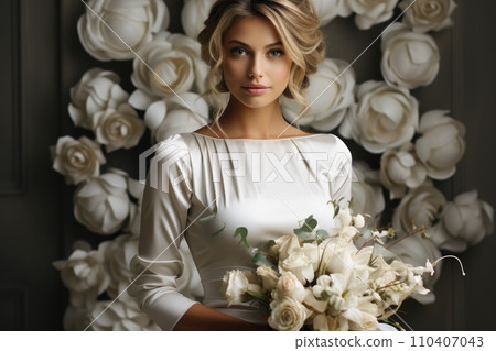 A woman bride in a wedding dress with a bouquet of flowers A woman bride in a wedding dress with a bouquet of flowers 110407043