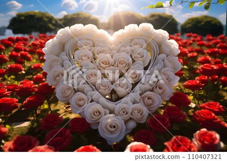A digital painting of roses arranged in heart shape among other roses. Sunlight shines beautifully, symbolizing love, friendliness, beauty, elegance, happiness and cheerfulness in life relationships. 110407321