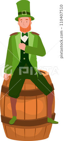 St Patrick's Day Celebration. man in Leprechaun Costume sitting on oak barrel 110407510