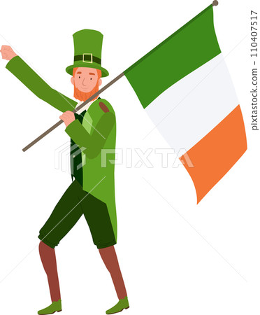 St Patrick's Day Celebration. Cheerful Man in Leprechaun Costume holding Irish flag 110407517