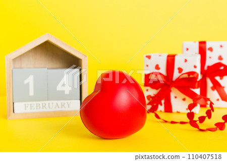 Valentine Day theme with wooden block calendar. Greeting card template for Valentines Day copy space for text Valentine Day theme with wooden block calendar. Greeting card template for Valentines Day copy space for text 110407518