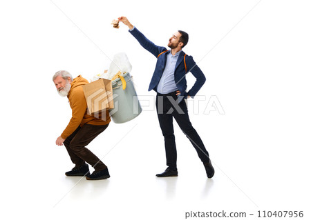 Sorting garbage types. Two men with trash bins on backs cleaning, taking care after planet, gathering garbage isolated over white background 110407956