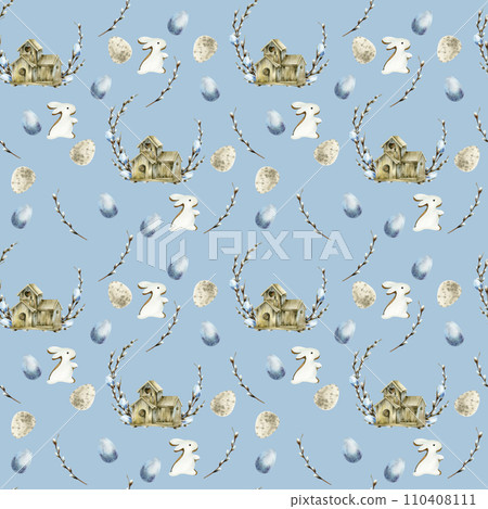 Watercolor spring floral Easter seamless pattern with wooden birdhouse, pale pastel eggs willow branches and white rabbit on blue background. Cozy romantic background for textile, packing design Watercolor spring floral Easter seamless pattern with wooden birdhouse, pale pastel eggs willow branches and white rabbit on blue background. Cozy romantic background for textile, packing design 110408111