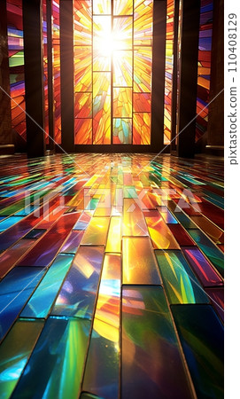 Rays of bright sun pass through colored stained glass Rays of bright sun pass through colored stained glass 110408129