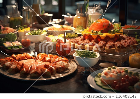 Catering buffet in a restaurant, festive catering, a variety of dishes in containers on the table Catering buffet in a restaurant, festive catering, a variety of dishes in containers on the table 110408142