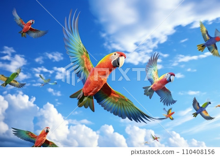 Bright blue sky with flying parrots Bright blue sky with flying parrots 110408156