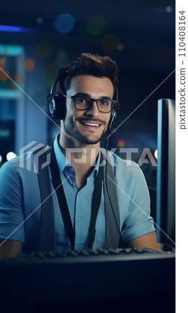 Smiling European man with headphones and microphone in call center 110408164
