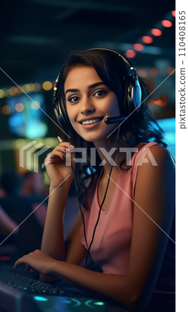 Smiling Latina girl with headphones and microphone in a call center Smiling Latina girl with headphones and microphone in a call center 110408165