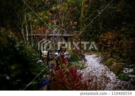 雪花從天而降,照亮了花園小路 雪花從天而降,照亮了花園小路 110408554