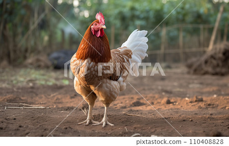AI-generated content. Happy hen in the organic chicken farm. Concept organics farm, organic living 110408828