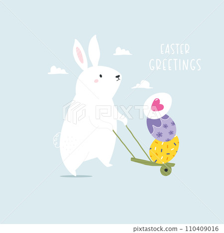Easter greeting card with a bunny, rabbit walking with cart full of holiday eggs 110409016