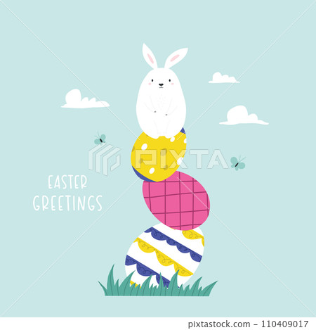 Easter greeting card with funny rabbit, bunny sitting on a pile of eggs 110409017