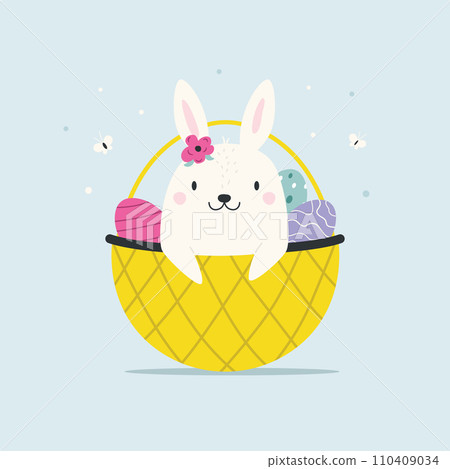 Easter greeting card with funny rabbit, bunny sitting in a basket with painted, decorated eggs Easter greeting card with funny rabbit, bunny sitting in a basket with painted, decorated eggs 110409034