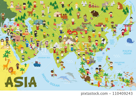 Funny cartoon map of Asia with childrens of different nationalities, representative monuments, animals and objects of all the countries. Vector illustration for preschool education and kids design. 110409243