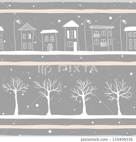 Seamless pattern of doodle hand drawn trees and houses. Great for fabric, textile, vector illustration 110409356