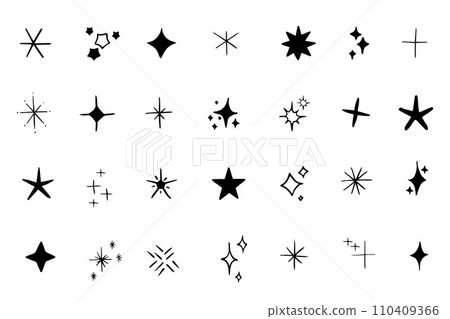 Vector set of Y2K stars, starburst and retro futuristic graphic ornaments for decoration. Set of star shapes. Templates for design, posters, projects, banners, logo, and business cards. Vector 110409366