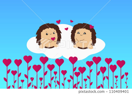 Cute hedgehogs. Valentine's card. Vector illustration on blue background Cute hedgehogs. Valentine's card. Vector illustration on blue background 110409401