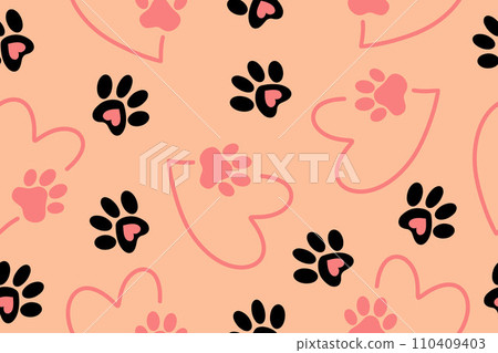 Seamless drawing of a pet's paw in the heart. A trace of a pet. The concept of love Seamless drawing of a pet's paw in the heart. A trace of a pet. The concept of love 110409403
