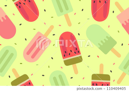 Seamless popsicle ice cream pattern. Vector illustration isolated on a yellow background 110409405