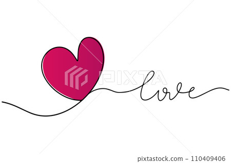 Continuous drawing of a heart and the inscription "love". Fashionable minimalist illustration. Single line abstract drawing. St. Valentine's Day. Declaration of love 110409406
