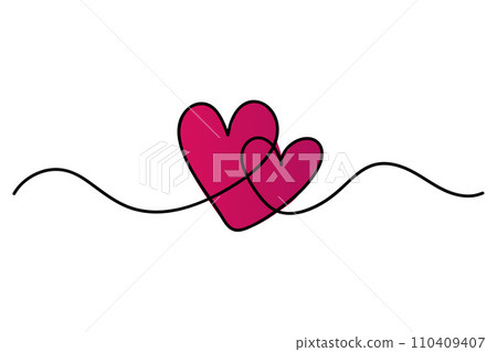 Continuous drawing of two hearts. A pair of hearts. Fashionable minimalist illustration. One-line abstract drawing. 110409407