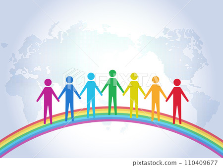 World map background with rainbow and people holding hands World map background with rainbow and people holding hands 110409677