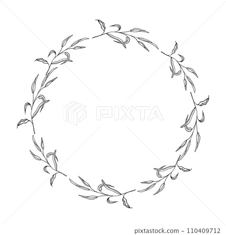 Floral circle frame, line art hand drawn eucalyptus leaves wreath, vector illustration for card or wedding invitation. Isolated on white background Floral circle frame, line art hand drawn eucalyptus leaves wreath, vector illustration for card or wedding invitation. Isolated on white background 110409712