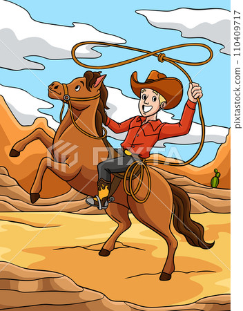 Cowboy Throwing a Lasso on a Horse Colored Cartoon Cowboy Throwing a Lasso on a Horse Colored Cartoon 110409717