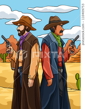Cowboy Duel Colored Cartoon Illustration Cowboy Duel Colored Cartoon Illustration 110409753