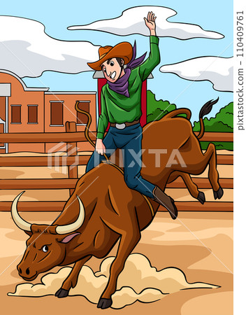 Cowboy Bull Rider Colored Cartoon Illustration 110409761